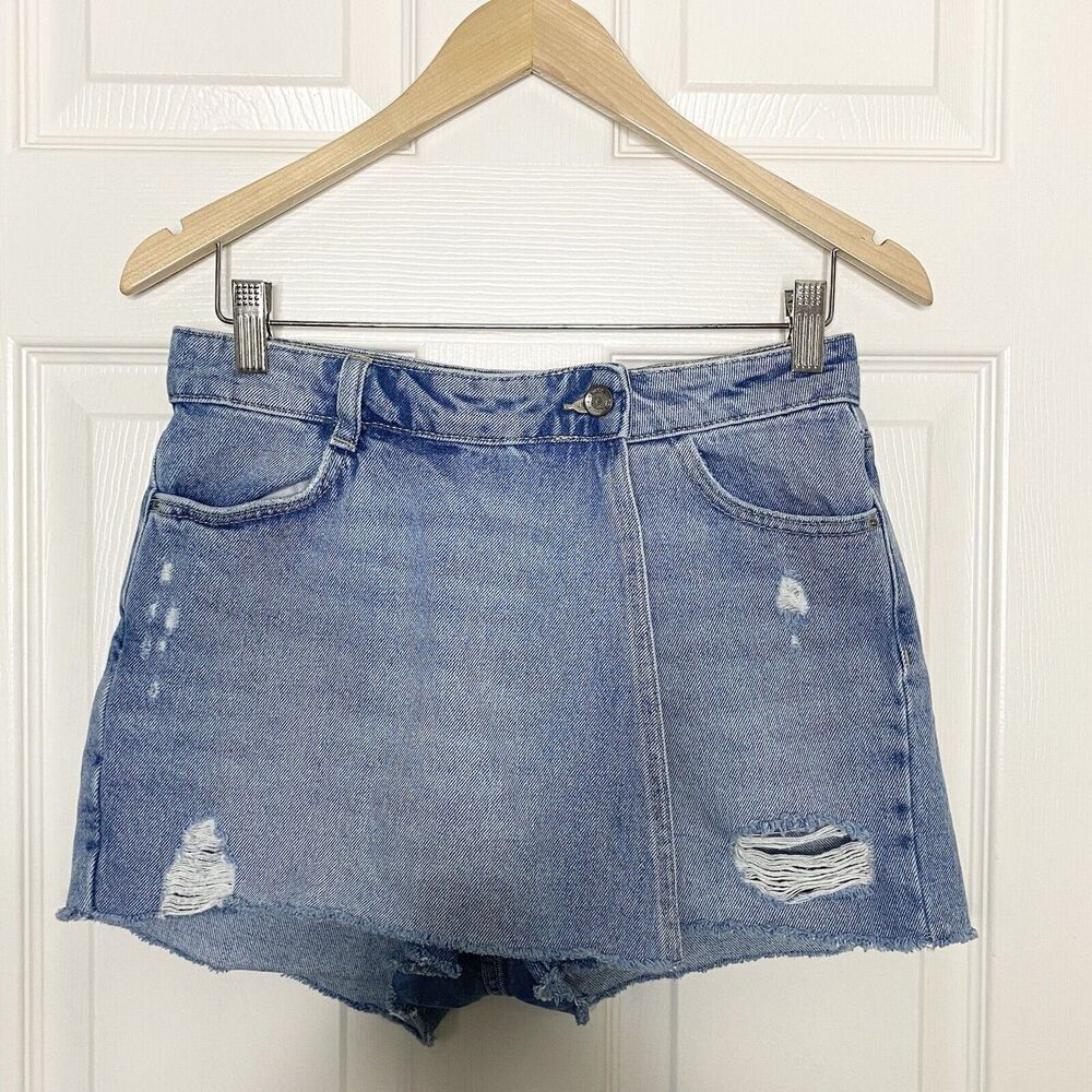 Zara Denim Mini Skort Asymmetrical Distressed Raw Hem Blue Light Wash Size XS